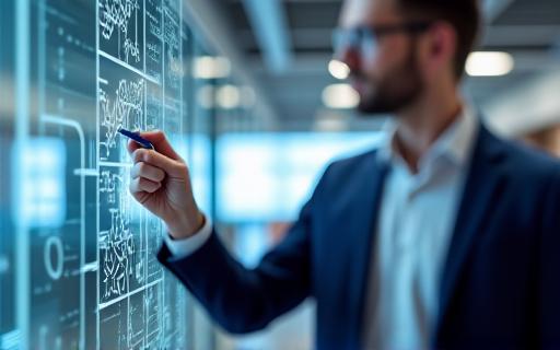 A person drawing a strategic diagram on a glass wall.